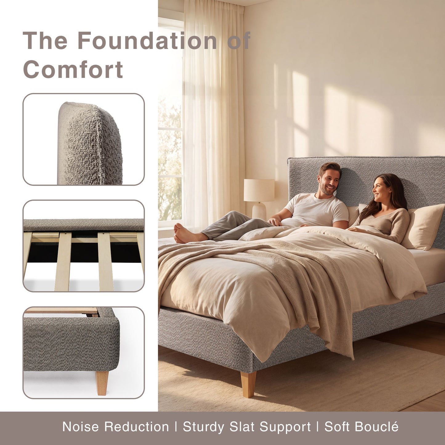 Upholstered Bed Frame with Modern Boucle Headboard, Queen Size, Minimalist, Platform Bed, No Box Spring Required, Bed Fr image 7