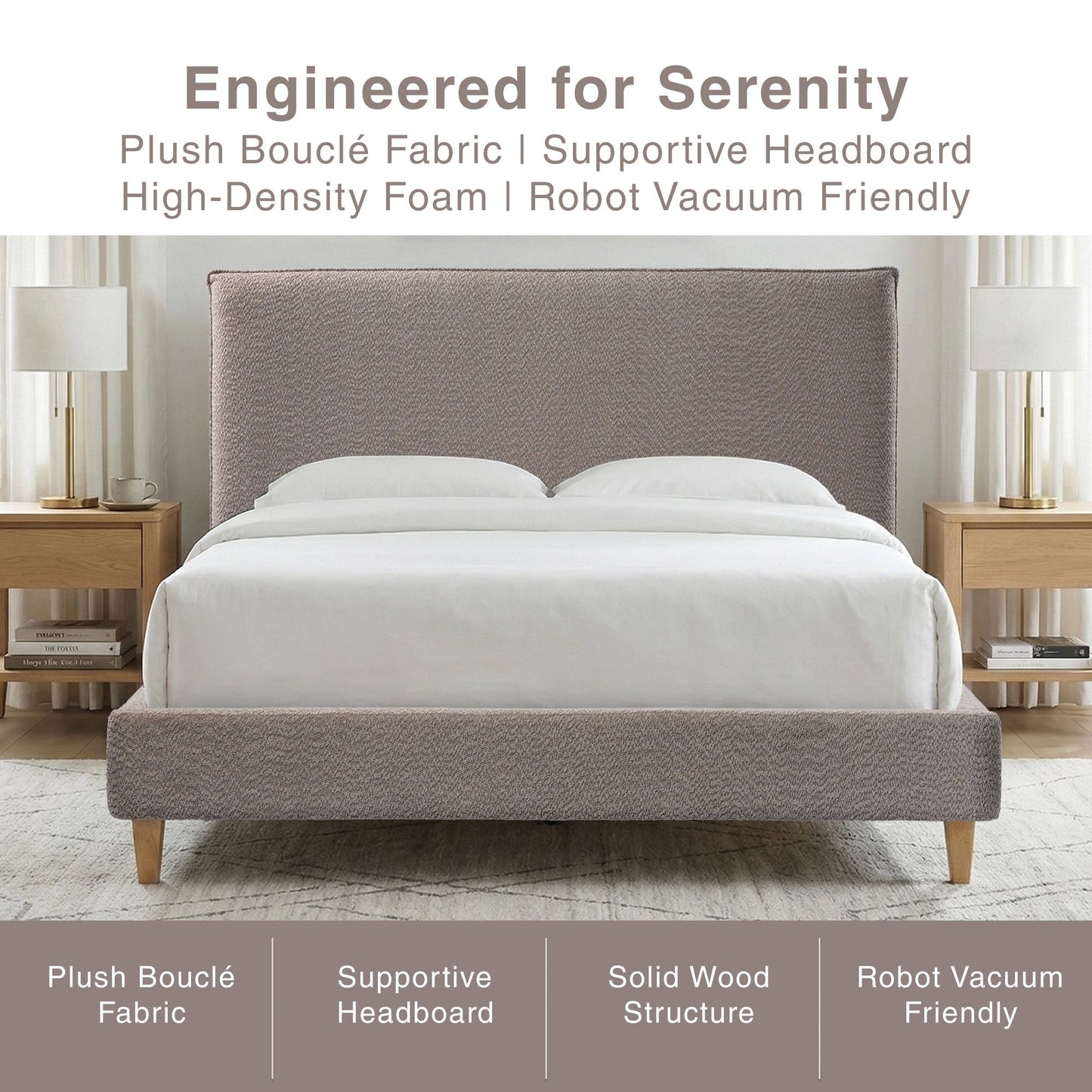 Upholstered Bed Frame with Modern Boucle Headboard, Queen Size, Minimalist, Platform Bed, No Box Spring Required, Bed Fr image 5