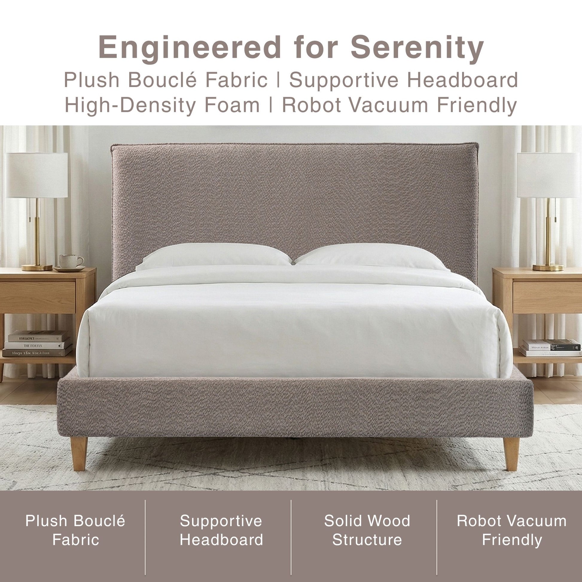 Upholstered Bed Frame with Modern Boucle Headboard, Queen Size, Minimalist, Platform Bed, No Box Spring Required, Bed Fr image 5