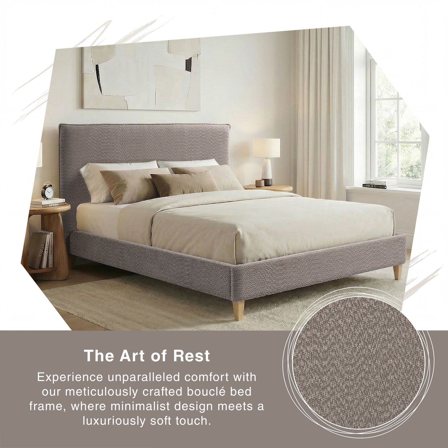 Upholstered Bed Frame with Modern Boucle Headboard, Queen Size, Minimalist, Platform Bed, No Box Spring Required, Bed Fr image 4