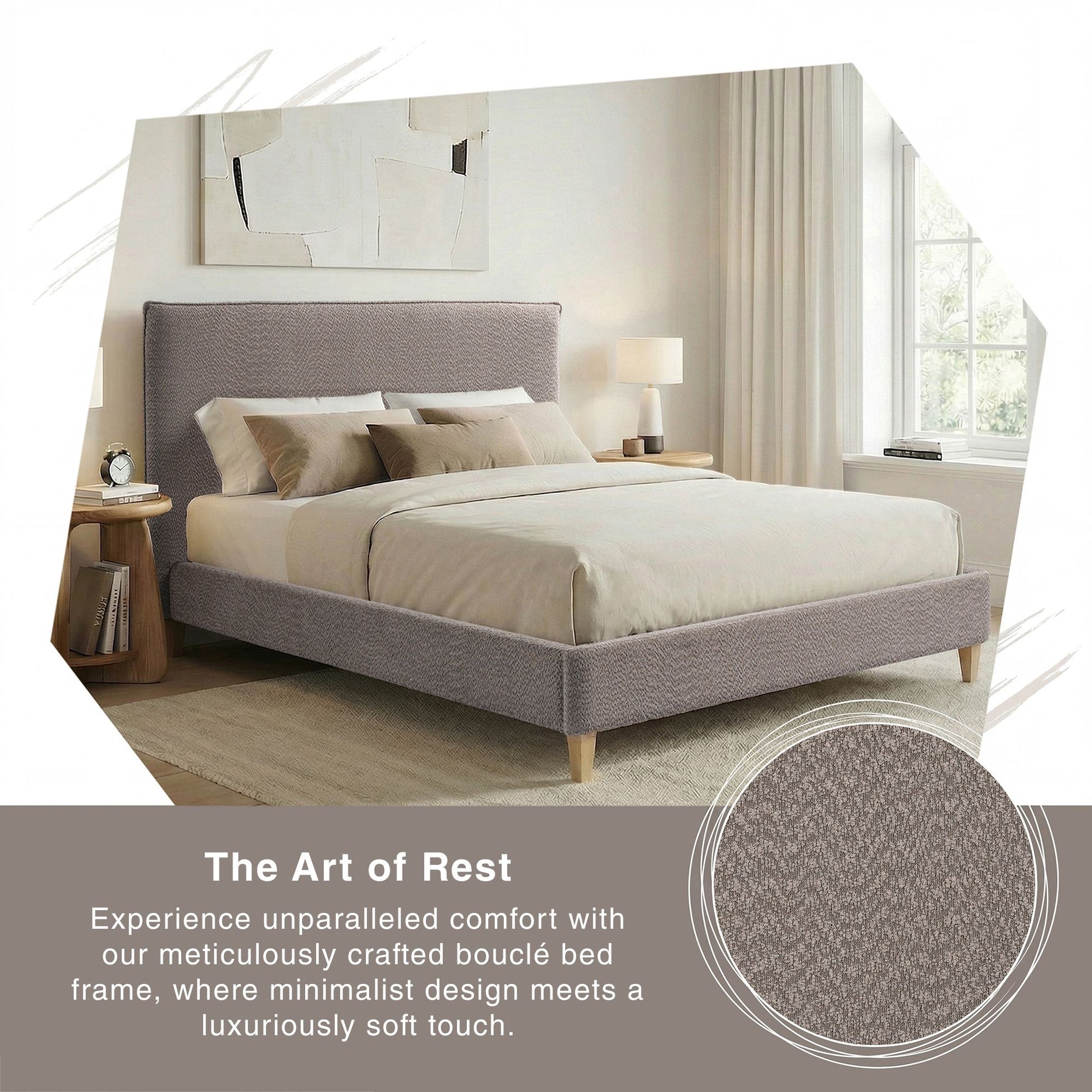 Upholstered Bed Frame with Modern Boucle Headboard, Queen Size, Minimalist, Platform Bed, No Box Spring Required, Bed Fr image 4