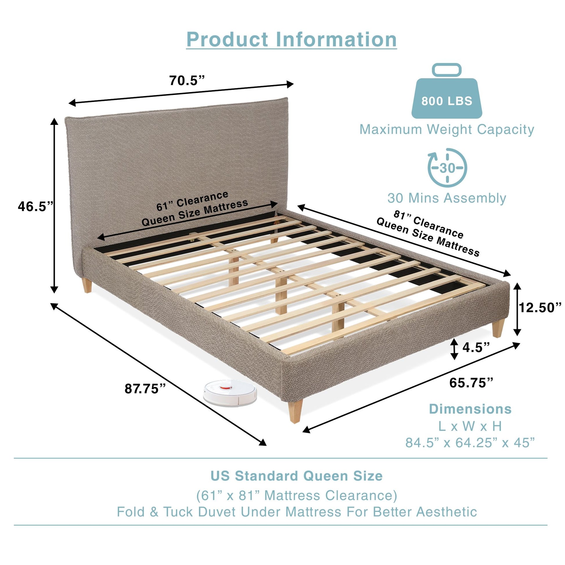 Upholstered Bed Frame with Modern Boucle Headboard, Queen Size, Minimalist, Platform Bed, No Box Spring Required, Bed Fr image 9