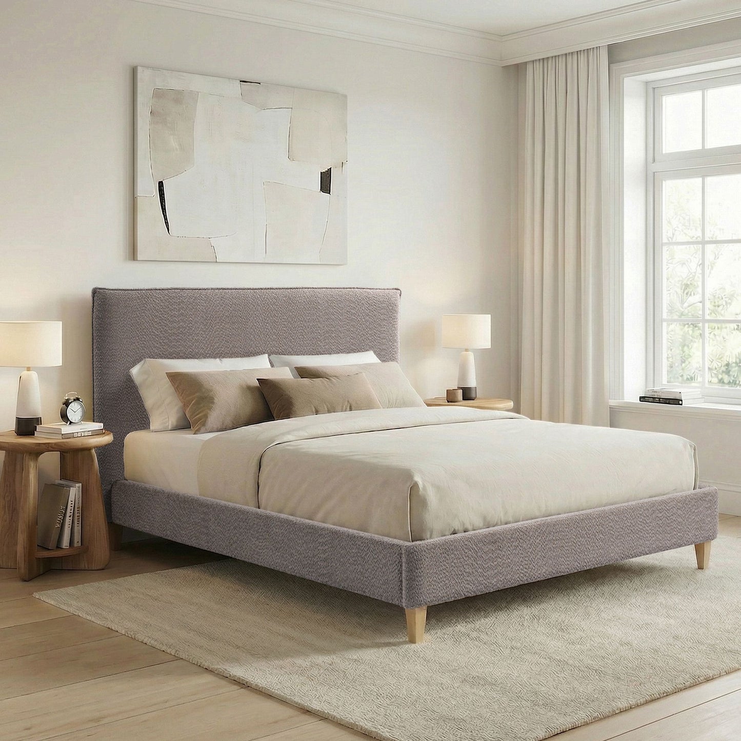 Upholstered Bed Frame with Modern Boucle Headboard, Queen Size, Minimalist, Platform Bed, No Box Spring Required, Bed Fr image 1