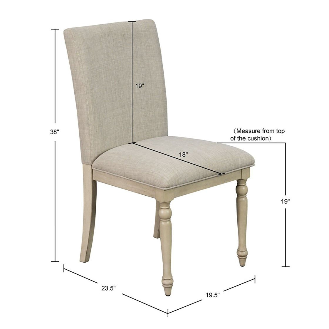 Upholstered dining chair white wash turned legs side view