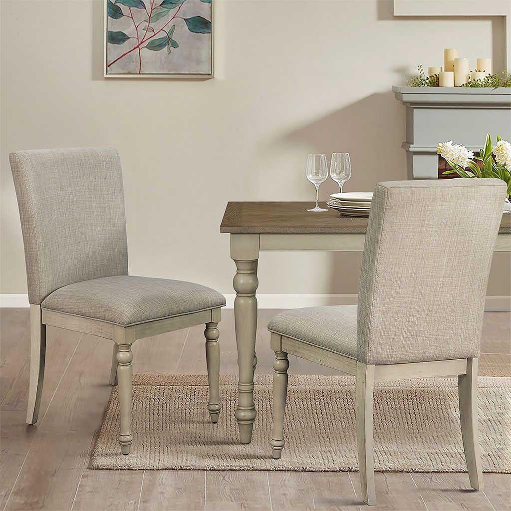 Upholstered dining chair set of 2 white wash turned wood legs front view