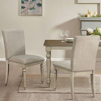 Upholstered dining chair set of 2 white wash turned wood legs front view