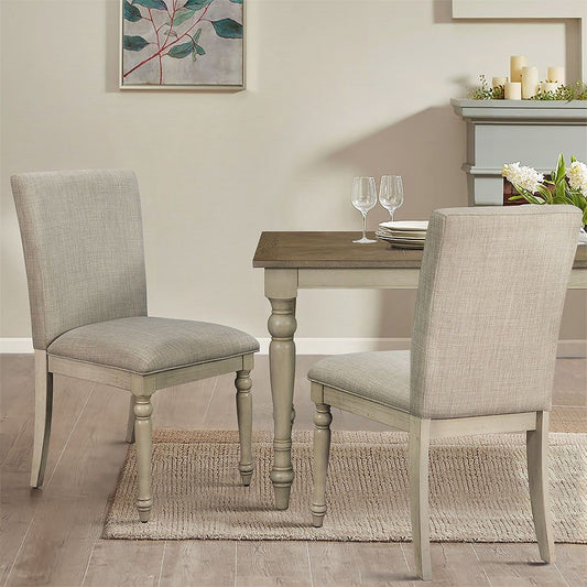 Upholstered dining chair set of 2 white wash turned wood legs front view