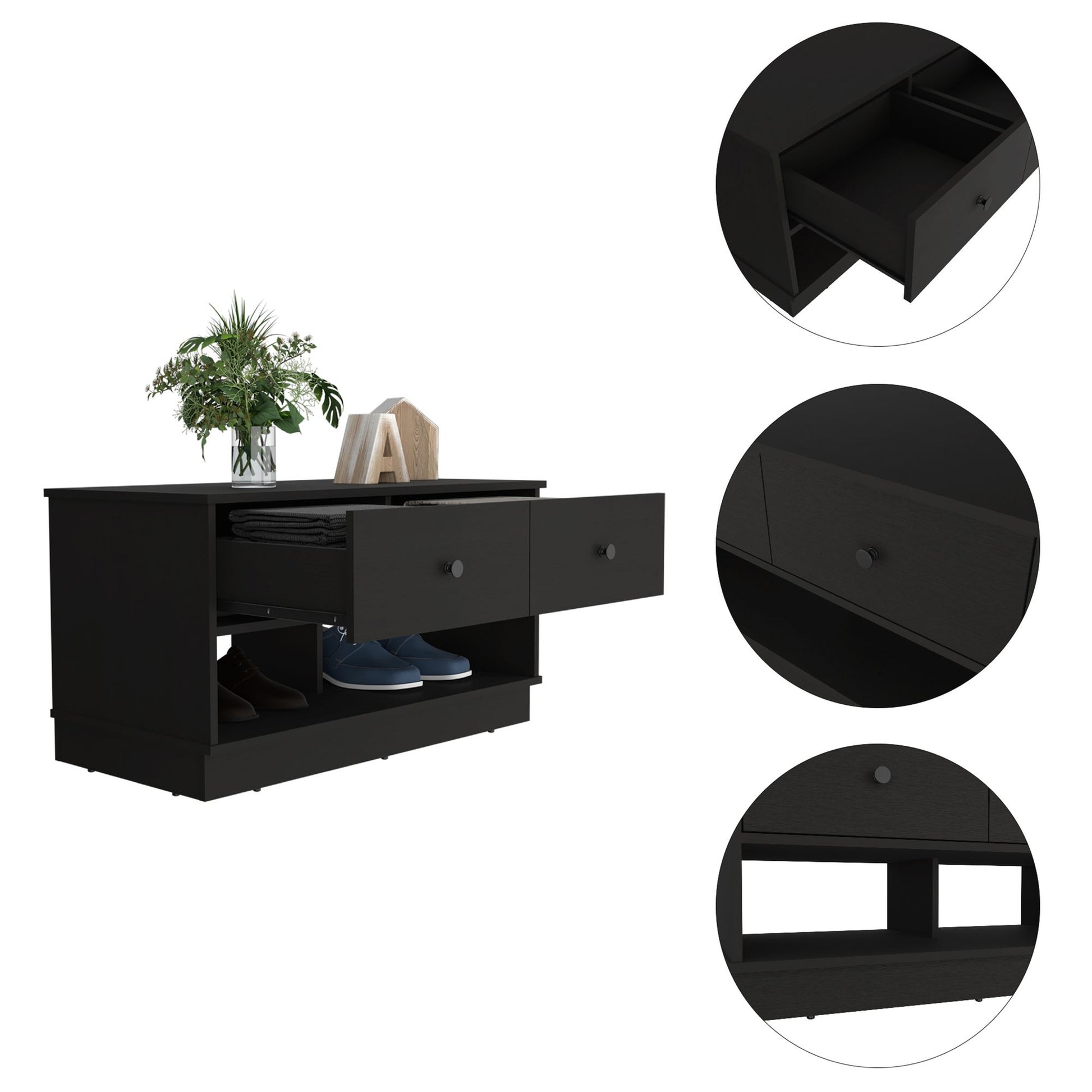 Uranus Storage Bench, Two Drawers, Two Open Shelves, Black image 4