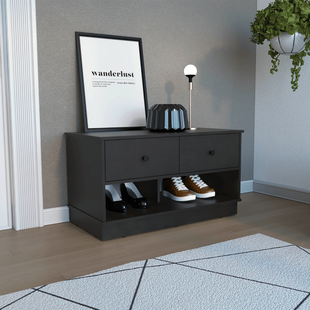 Uranus Storage Bench, Two Drawers, Two Open Shelves, Black image 1
