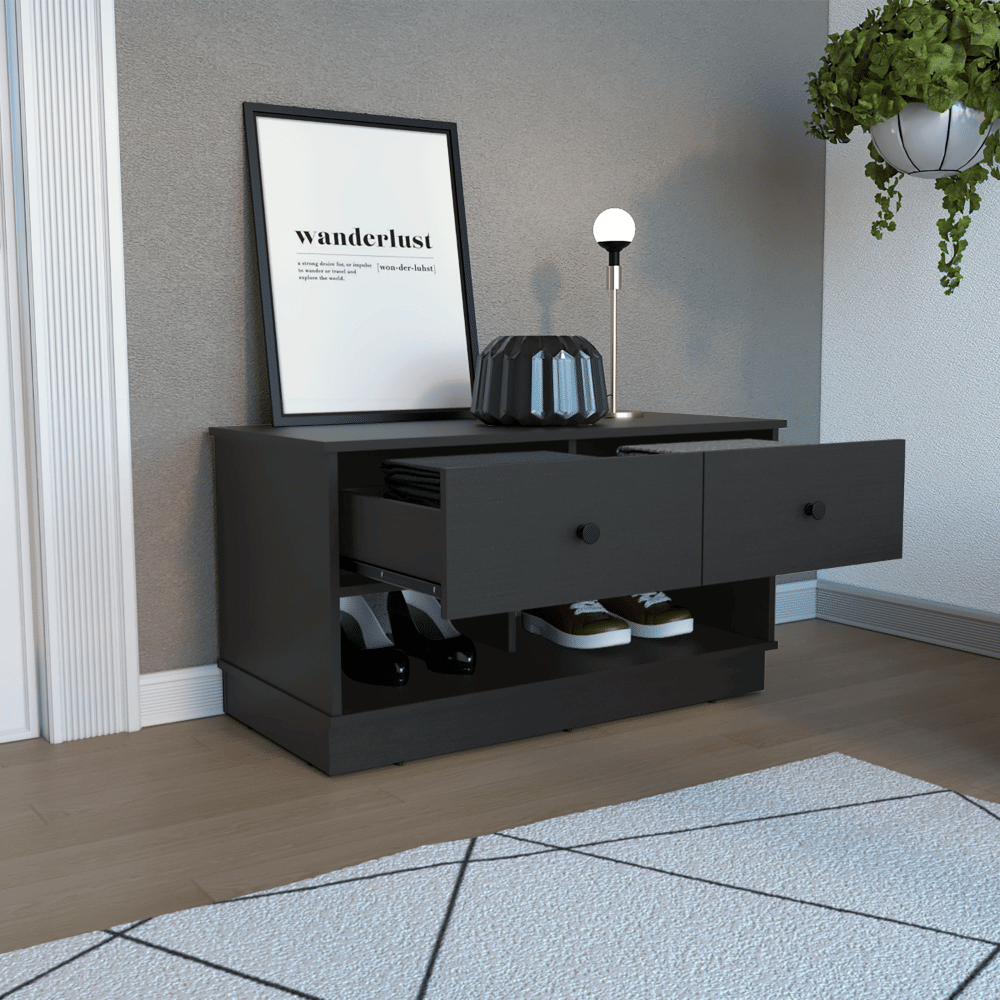 Uranus Storage Bench, Two Drawers, Two Open Shelves, Black image 2