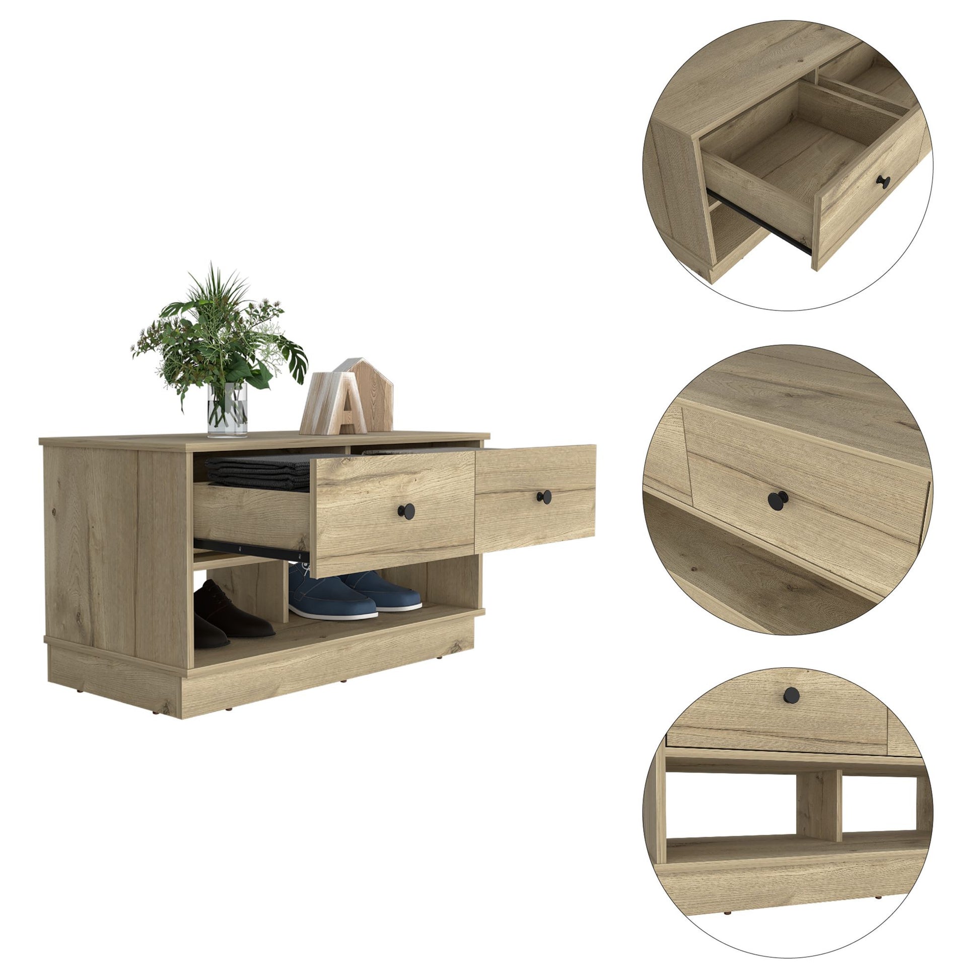 Uranus Storage Bench, Two Drawers, Two Open Shelves, Light Oak image 4