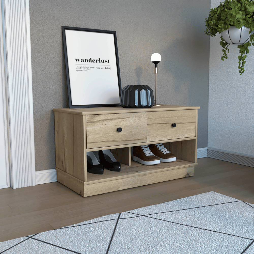 Uranus Storage Bench, Two Drawers, Two Open Shelves, Light Oak image 1