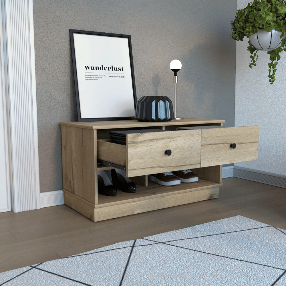Uranus Storage Bench, Two Drawers, Two Open Shelves, Light Oak image 2