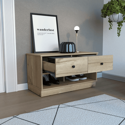 Uranus Storage Bench, Two Drawers, Two Open Shelves, Light Oak image 2