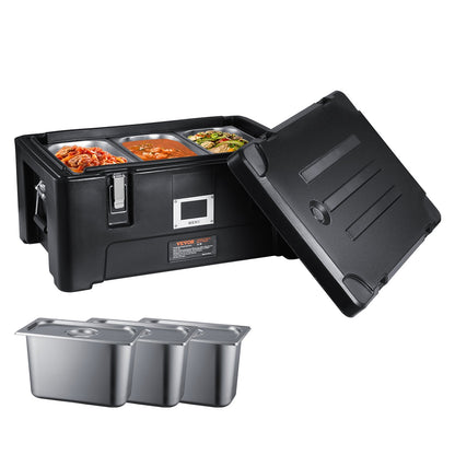 VEVOR Insulated Food Pan Carrier Collection, 30 to 120 L Hot Boxes, Collapsible Model and Compatible 5 Inch Caster Set, Catering Transport Options 36 Qt / 30 L Top Load, 3 Pans, Black, ZF-30