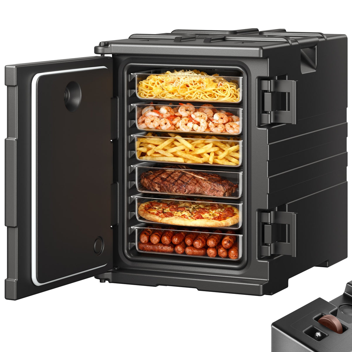 VEVOR Insulated Food Pan Carrier Collection, 30 to 120 L Hot Boxes, Collapsible Model and Compatible 5 Inch Caster Set, Catering Transport Options 95 Qt / 90 L Front Load, No Wheels, Black, BW-90S