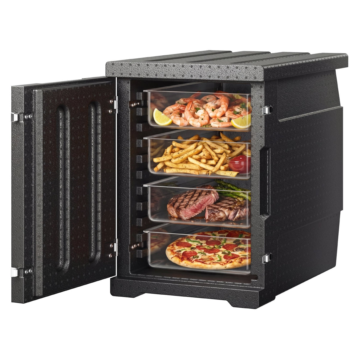 VEVOR Insulated Food Pan Carrier Collection, 30 to 120 L Hot Boxes, Collapsible Model and Compatible 5 Inch Caster Set, Catering Transport Options 95 Qt / 90 L Front Load, Lightweight, Black, EP-90L