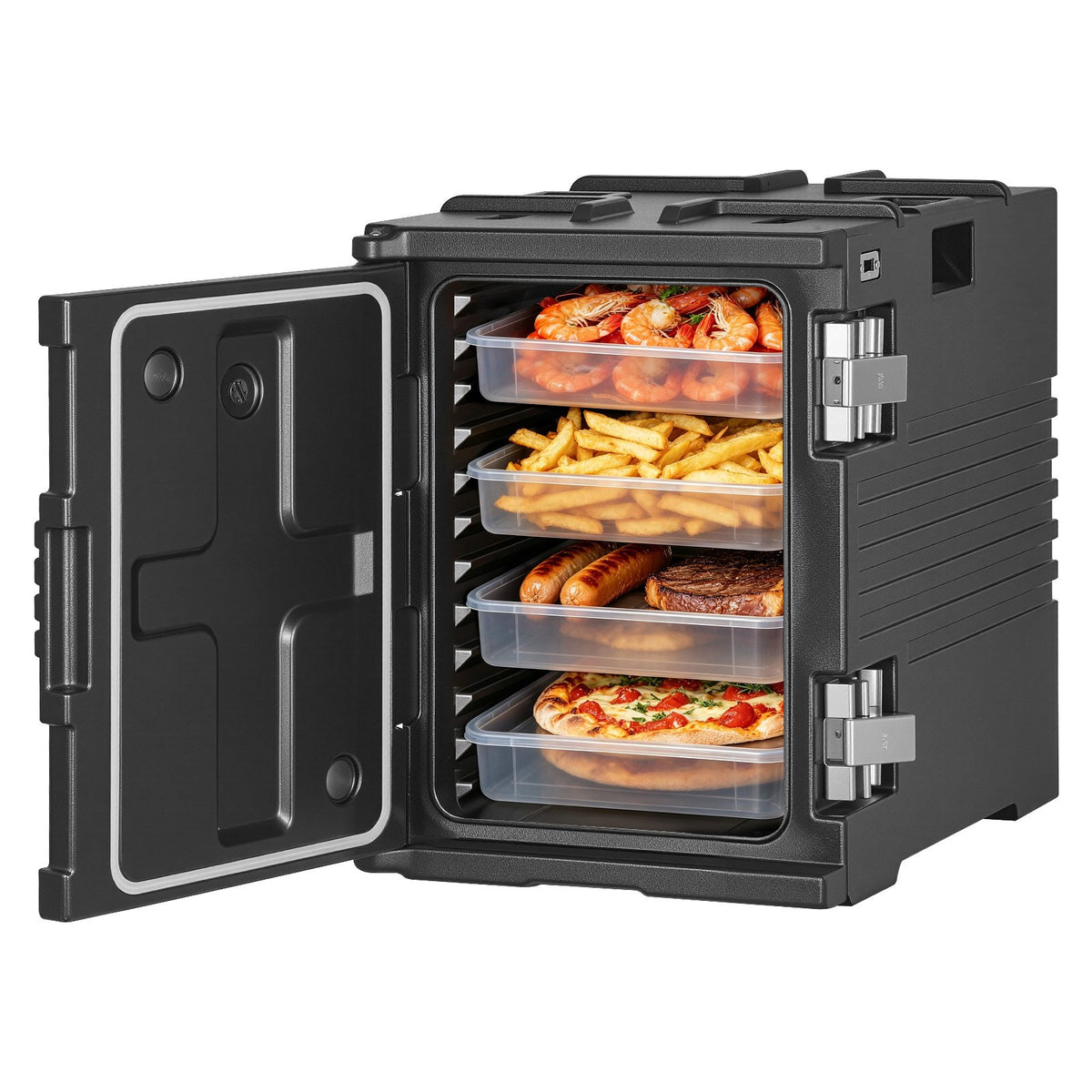 VEVOR Insulated Food Pan Carrier Collection, 30 to 120 L Hot Boxes, Collapsible Model and Compatible 5 Inch Caster Set, Catering Transport Options 95 Qt / 90 L Front Load, Wheels, Black, YHY90L