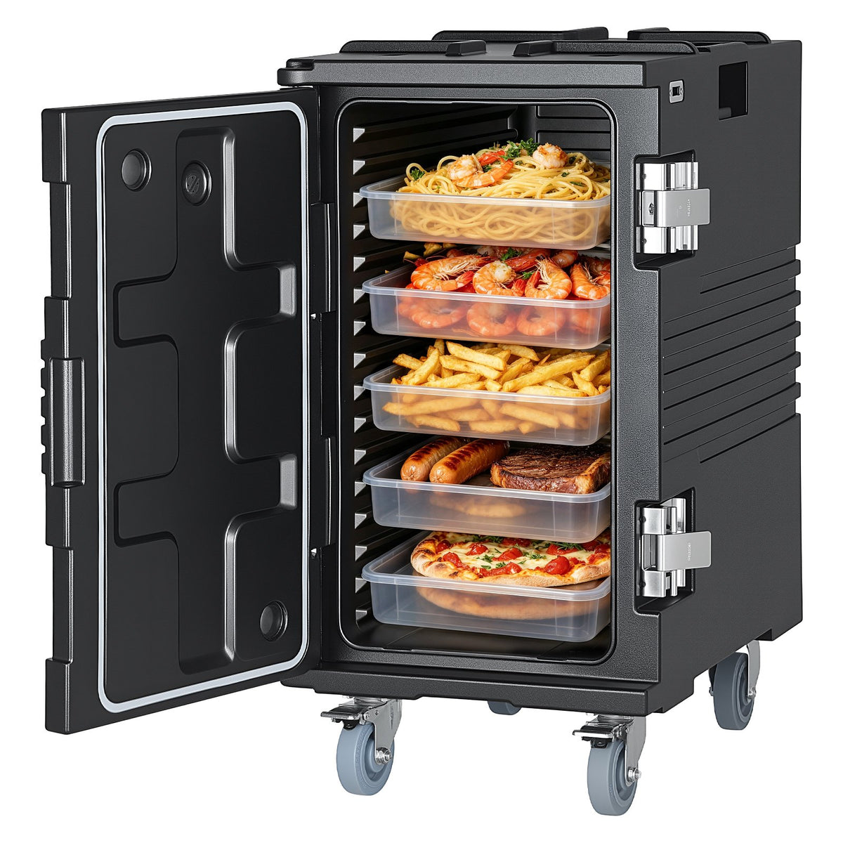 VEVOR Insulated Food Pan Carrier Collection, 30 to 120 L Hot Boxes, Collapsible Model and Compatible 5 Inch Caster Set, Catering Transport Options 127 Qt / 120 L Front Load, Swivel Wheels, Black, YHY120L