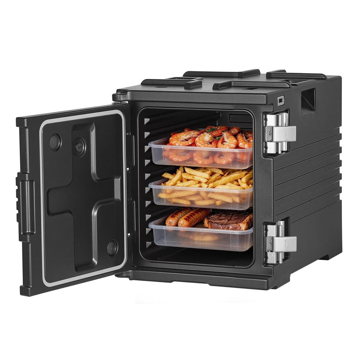 VEVOR Insulated Food Pan Carrier Collection, 30 to 120 L Hot Boxes, Collapsible Model and Compatible 5 Inch Caster Set, Catering Transport Options 82 Qt / 75 L Front Load, Wheels, Black, YHY75L