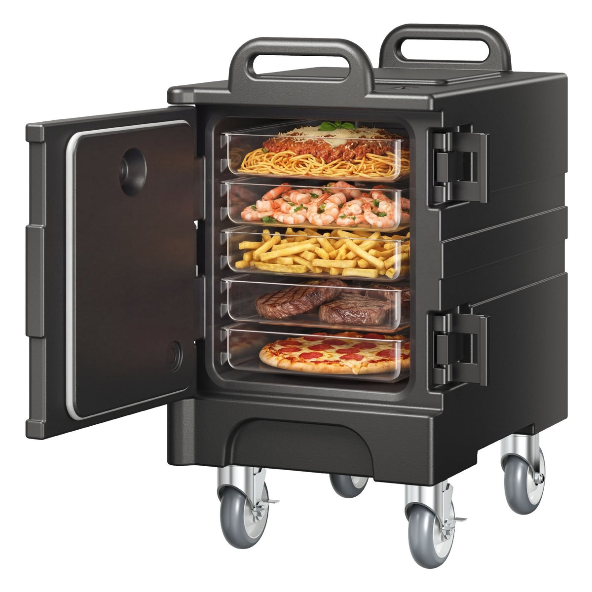VEVOR Insulated Food Pan Carrier Collection, 30 to 120 L Hot Boxes, Collapsible Model and Compatible 5 Inch Caster Set, Catering Transport Options 81 Qt / 75 L Front Load, Wheels, Black, BW-75