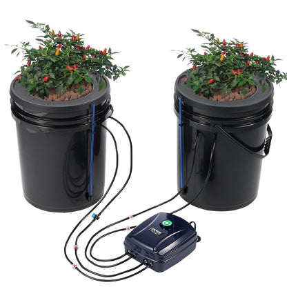 VEVOR DWC Hydroponic Grow System, 5 Gallon Deep Water Culture Bucket Kit with Air Pump, Air Stones and Water Level Device, for Indoor and Outdoor Leafy Vegetables 2 Buckets+Top Drip Kit