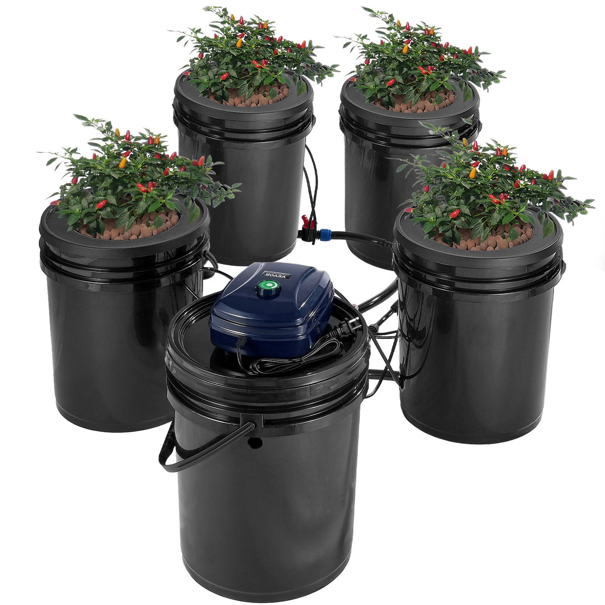 VEVOR DWC Hydroponic Grow System, 5 Gallon Deep Water Culture Bucket Kit with Air Pump, Air Stones and Water Level Device, for Indoor and Outdoor Leafy Vegetables 4 Buckets+1 Reservoir