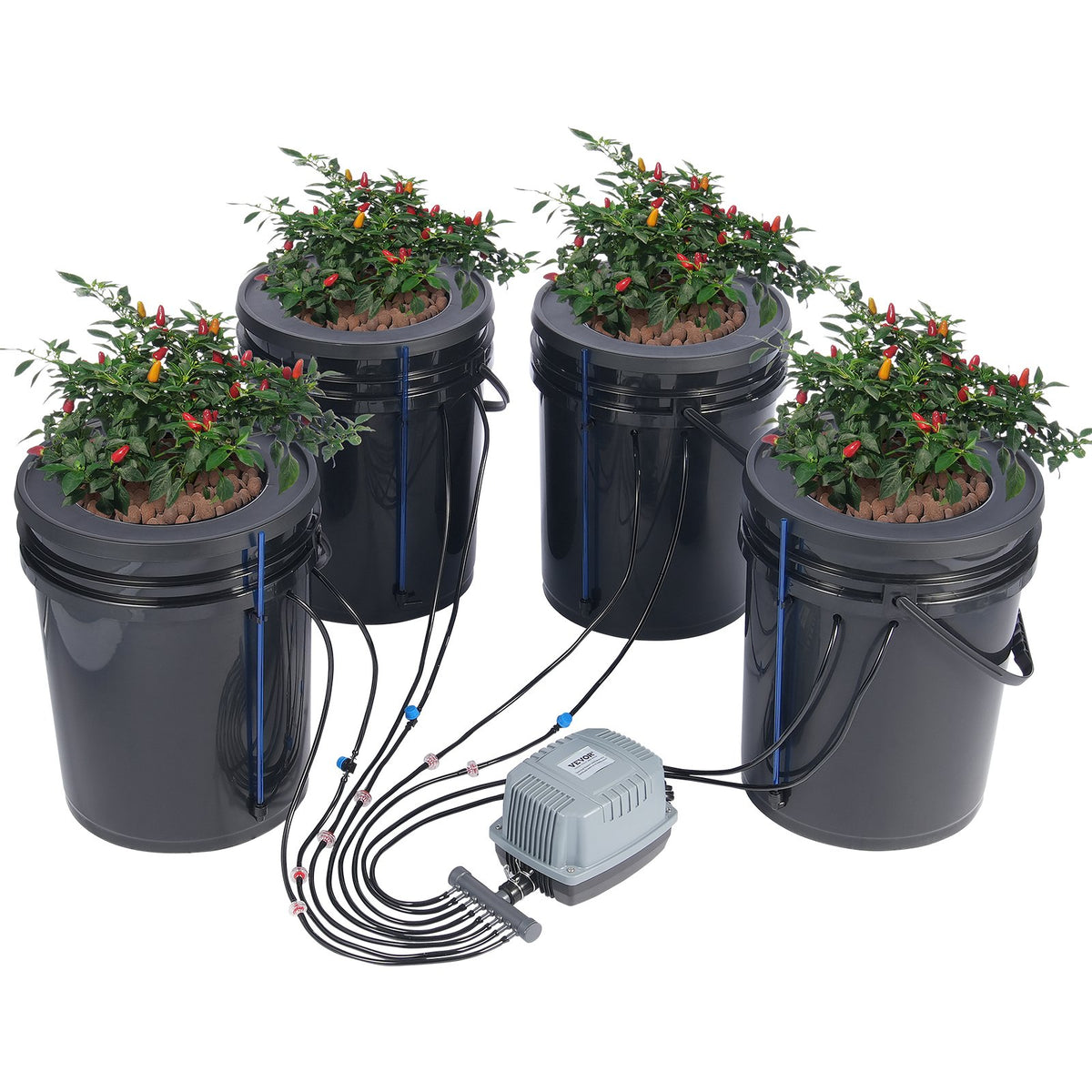 VEVOR DWC Hydroponic Grow System, 5 Gallon Deep Water Culture Bucket Kit with Air Pump, Air Stones and Water Level Device, for Indoor and Outdoor Leafy Vegetables 4 Buckets+Top Drip Kit