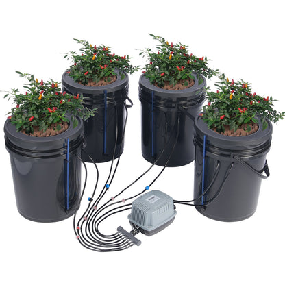VEVOR DWC Hydroponic Grow System, 5 Gallon Deep Water Culture Bucket Kit with Air Pump, Air Stones and Water Level Device, for Indoor and Outdoor Leafy Vegetables 4 Buckets+Top Drip Kit
