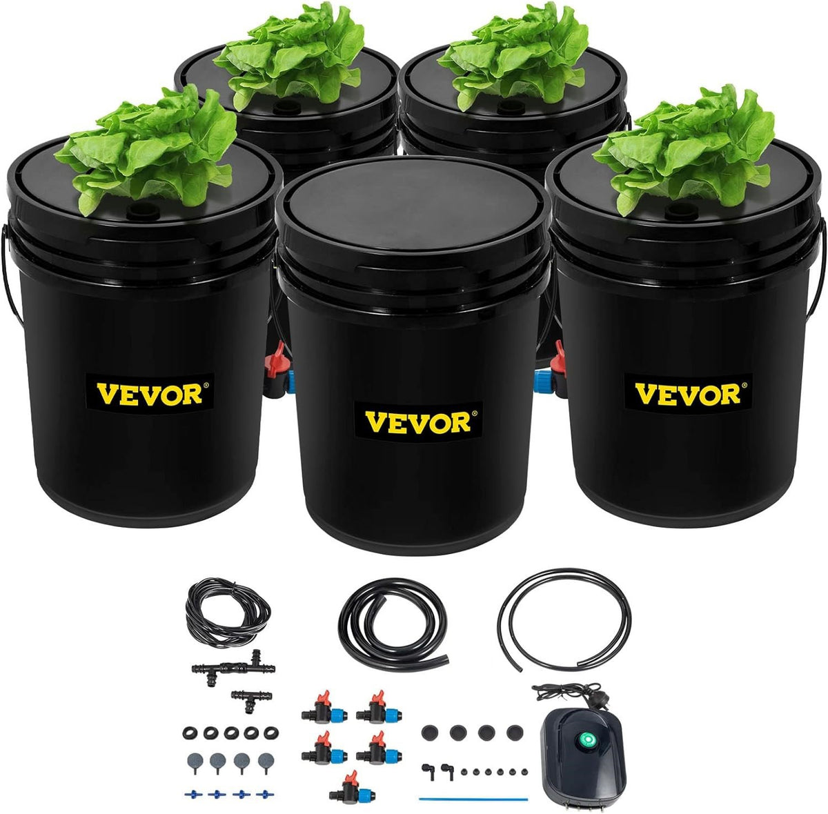 VEVOR DWC Hydroponic Grow System, 5 Gallon Deep Water Culture Bucket Kit with Air Pump, Air Stones and Water Level Device, for Indoor and Outdoor Leafy Vegetables 5 Buckets