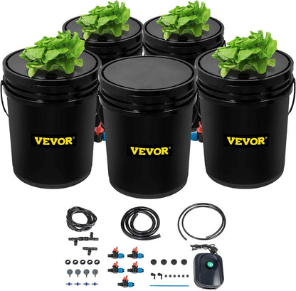 VEVOR DWC Hydroponic Grow System, 5 Gallon Deep Water Culture Bucket Kit with Air Pump, Air Stones and Water Level Device, for Indoor and Outdoor Leafy Vegetables 5 Buckets
