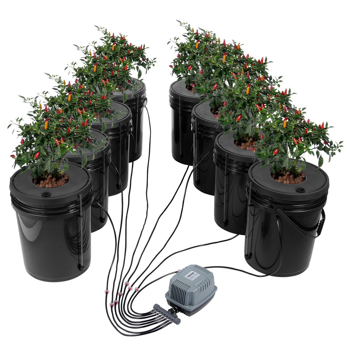 VEVOR DWC Hydroponic Grow System, 5 Gallon Deep Water Culture Bucket Kit with Air Pump, Air Stones and Water Level Device, for Indoor and Outdoor Leafy Vegetables 8 Buckets