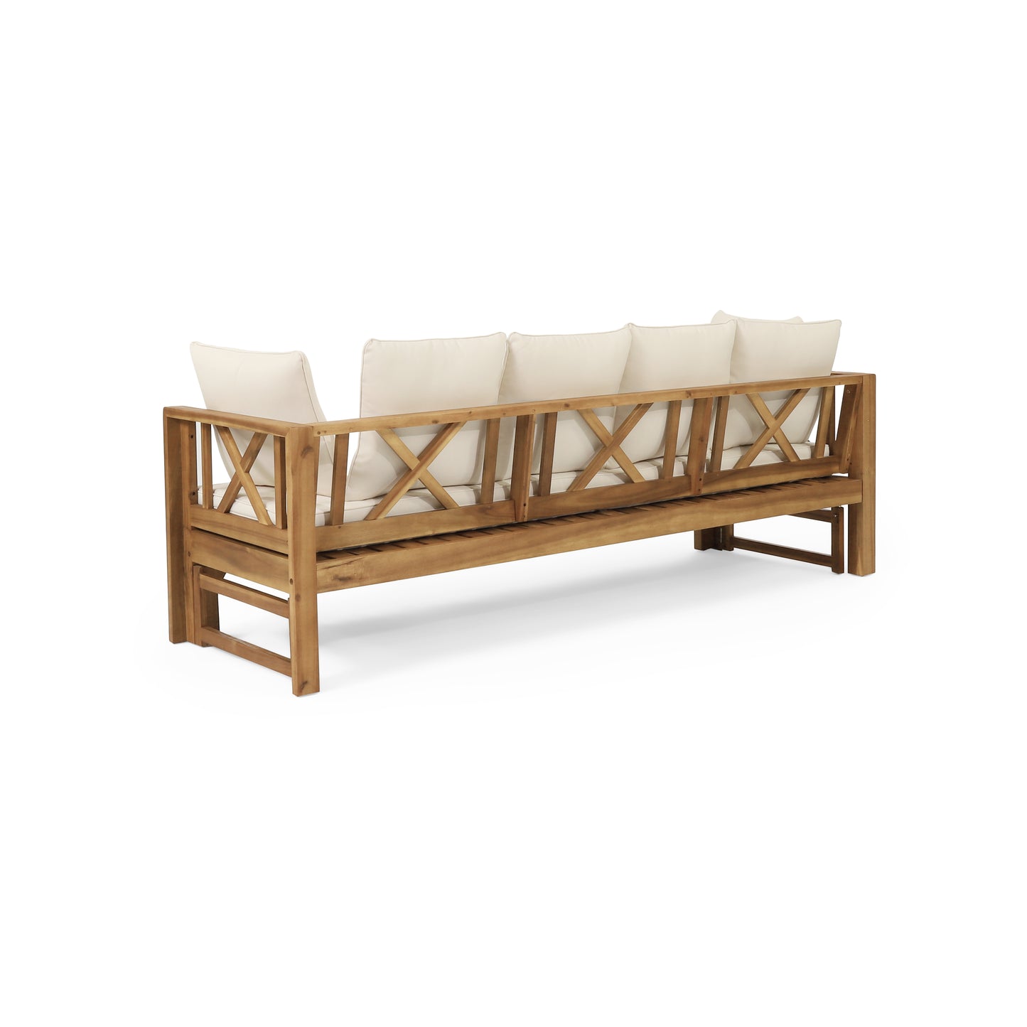Outdoor Extendable Acacia Wood 3 Seater Sofa, Upholstered Cushion Couch, Daybed Sofa Chair, Spacious Seating Lounge Chair, Patio Daybed Sofa for Garden Yard image 8