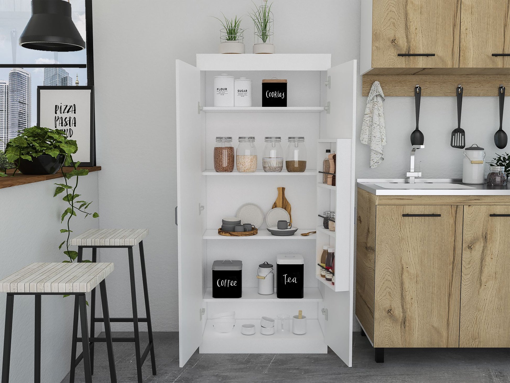 Varese Pantry Cabinet, Double Door,Five Shelves -White image 5