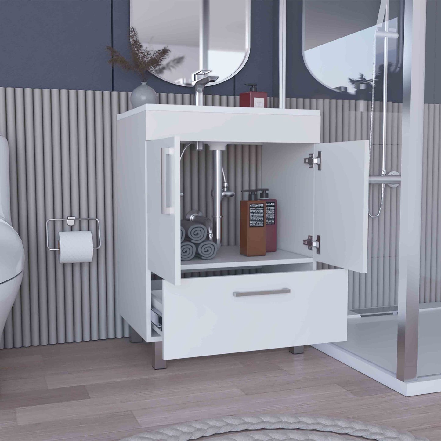 Velloc Single Bathroom Vanity, Double Door Cabinet, One Drawer -White image 4