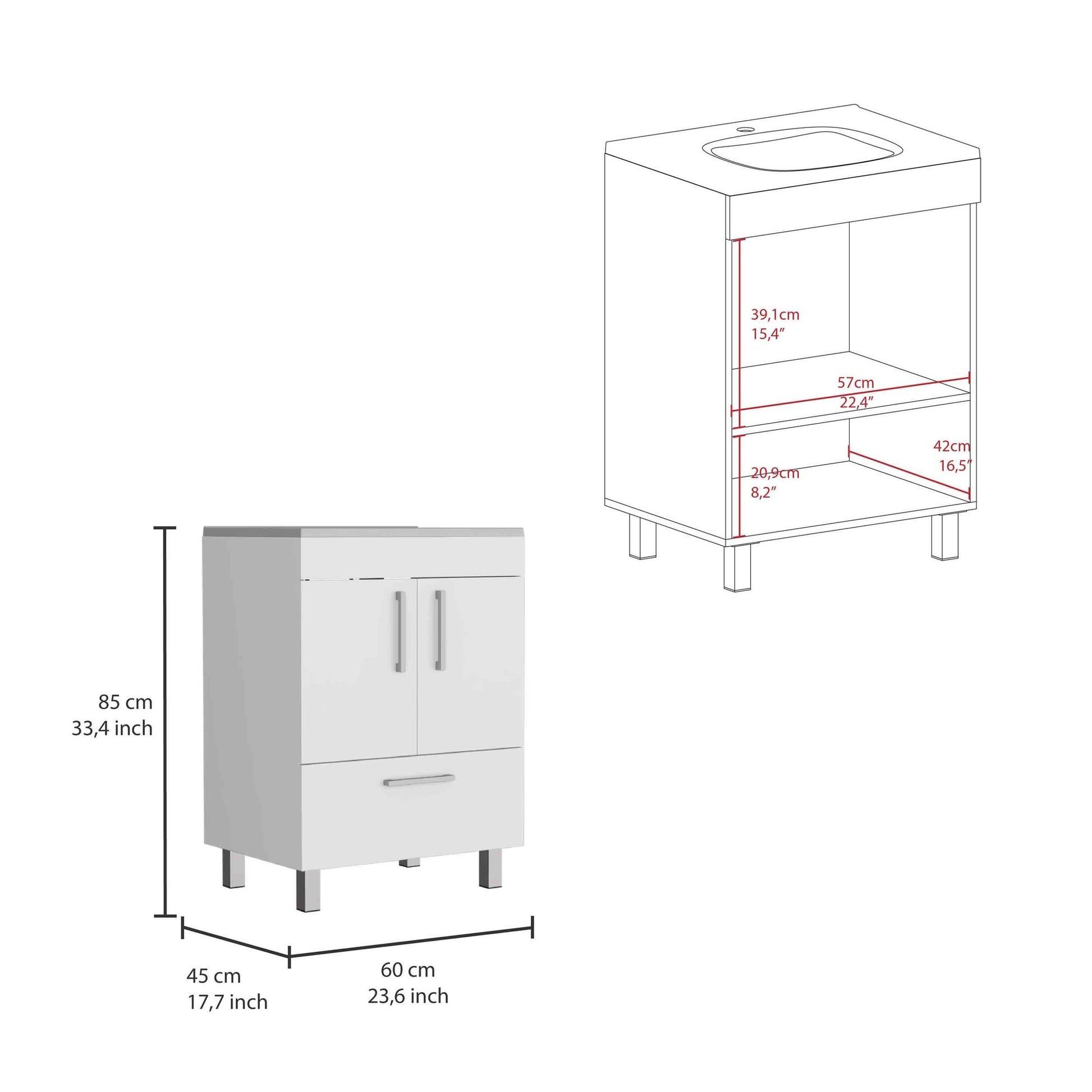 Velloc Single Bathroom Vanity, Double Door Cabinet, One Drawer -White image 3