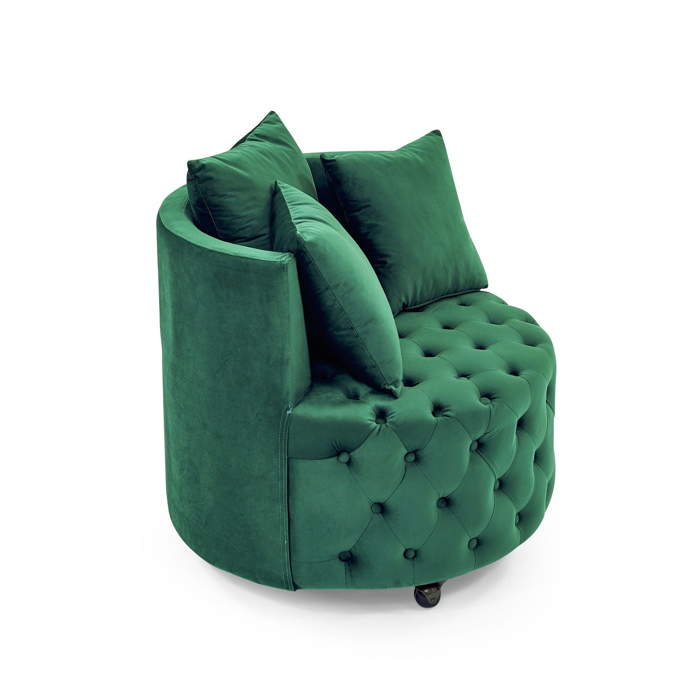 Button tufted green velvet chair with swivel base - bottom view
