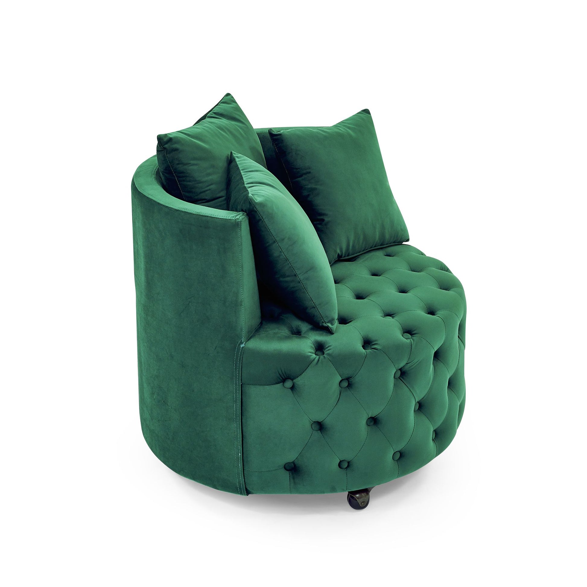 Button tufted green velvet chair with swivel base - bottom view