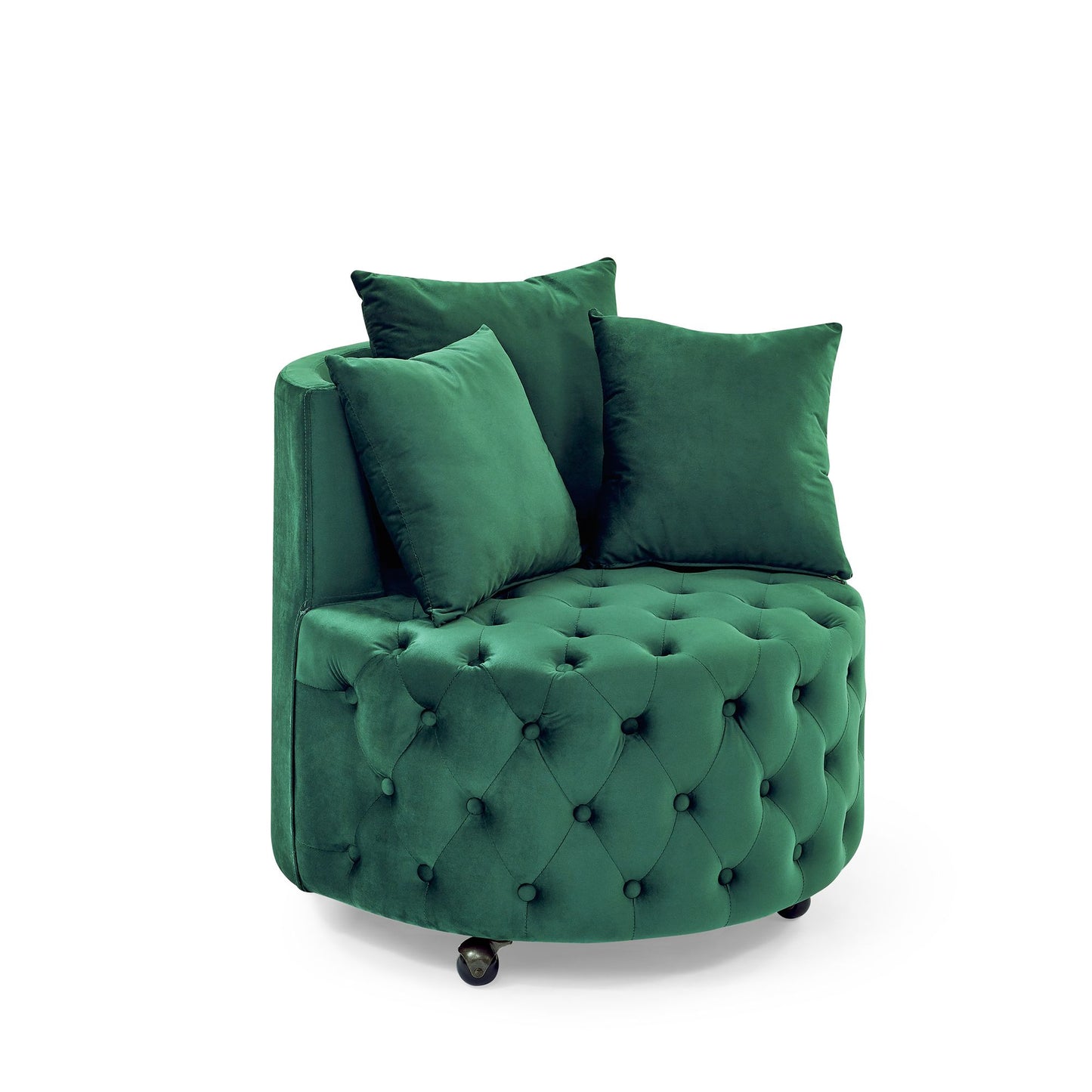 Velvet swivel chair with pillows - detail of seat cushion and armrest