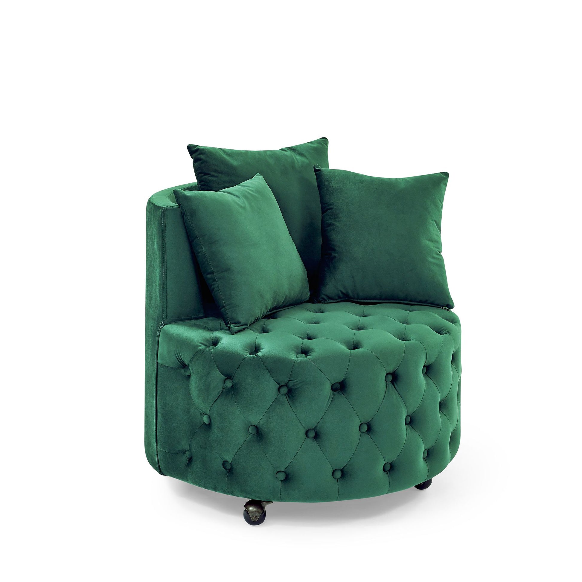 Velvet swivel chair with pillows - detail of seat cushion and armrest