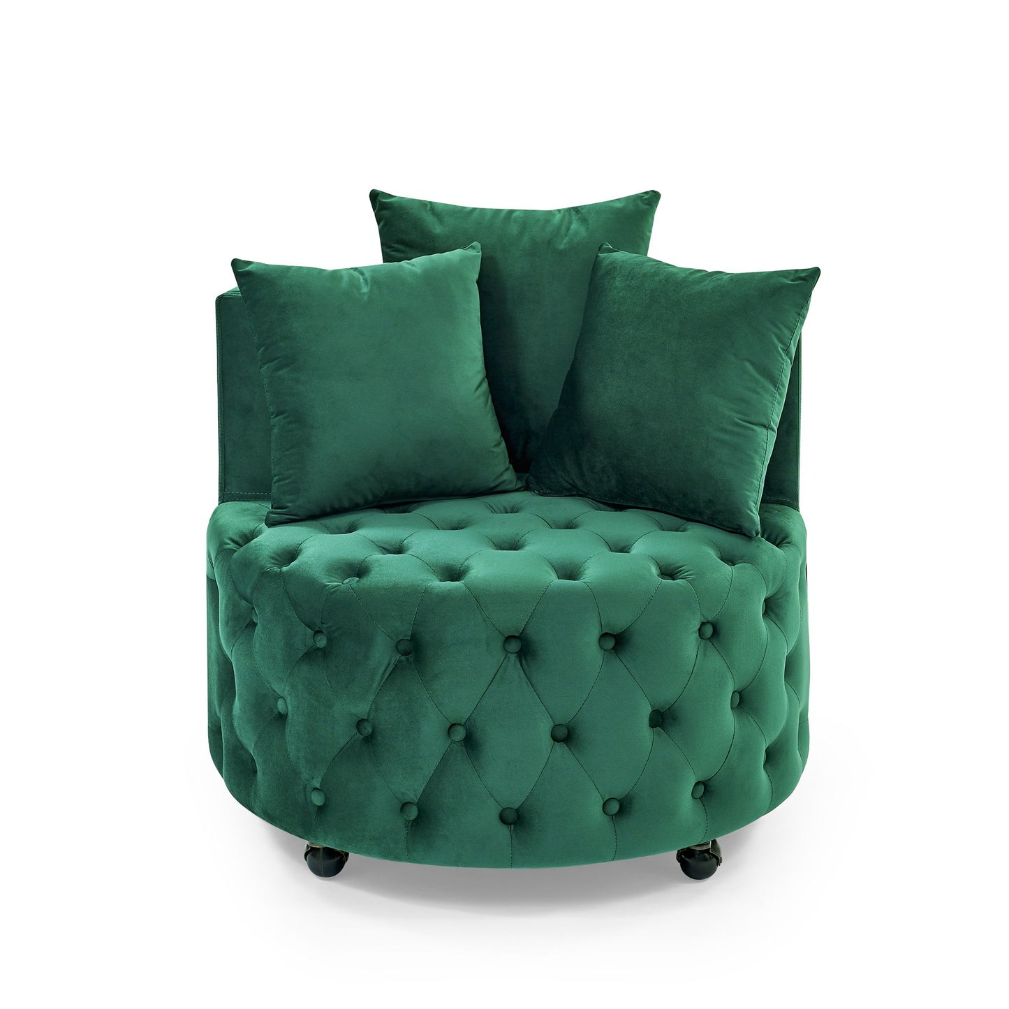 Green velvet chair with caster wheels - back view showing tufted design