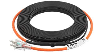 60 ft pipe heating cable coiled with an orange lead, clear US grounded plug and built-in thermostat