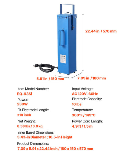 VEVOR Portable Welding Rod Oven, 10LBS Capacity Electrodes Drying Oven 230W 120V, 300℉ Fast Heating Welding Rods Dryer for 18-inch Stick Electrodes - with Easy-to-Carry Handle & Safety Locking Latch - 10BFXLSDHTHGAAHM7001V9 - view 8