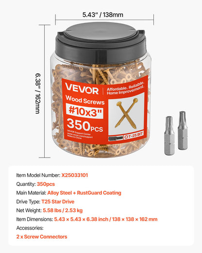 VEVOR Wood Screws 350 PCS, #10 x 3-Inch Anti-Rust Coated, Exterior Deck Screw Torx/T25 Star Drive, Metal Rust-Resistant Outdoor Decking Screws with 2 Screw Connectors, for Decking Fencing Framing - 10MLD300400GNBVFS001V0 - view 8