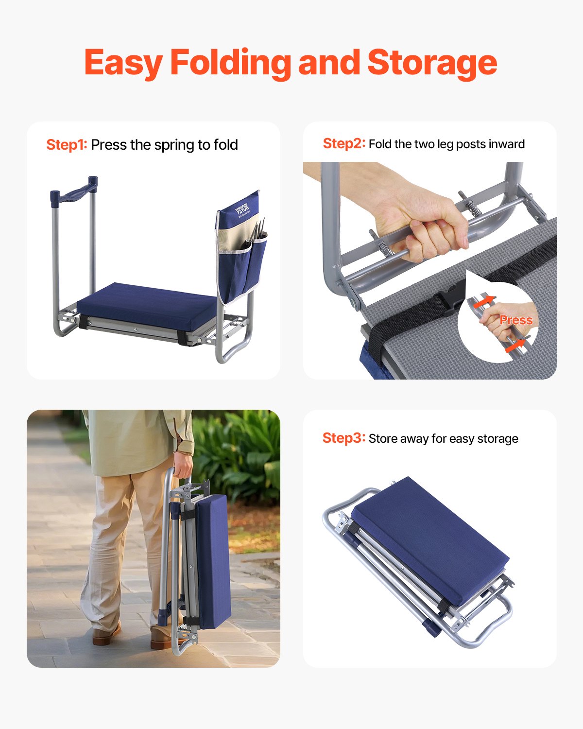 VEVOR Garden Kneeler and Seat, 11 in Wide Thick Kneeling Pad, Heavy Duty Garden Kneeling Stool, Folding Garden Seat with 1 Tool Bag, Relieve Knee & Back Pain, Non-Slip Garden Bench for Grandparents - 10YCGDJW5730XFA8I001V0 - view 7