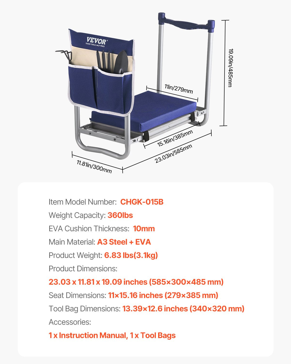 VEVOR Garden Kneeler and Seat, 11 in Wide Thick Kneeling Pad, Heavy Duty Garden Kneeling Stool, Folding Garden Seat with 1 Tool Bag, Relieve Knee & Back Pain, Non-Slip Garden Bench for Grandparents - 10YCGDJW5730XFA8I001V0 - view 8