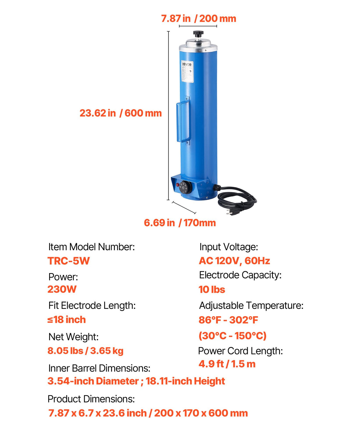 VEVOR Portable Welding Rod Oven, 10LBS Capacity Electrodes Drying Oven 230W 120V, 86℉ to 302℉ Adjustable Welding Rods Dryer for 18-inch Stick Electrodes - with Easy-to-Carry Side Handle - 11BYXLSDHTHGZHKO6001V9 - view 8
