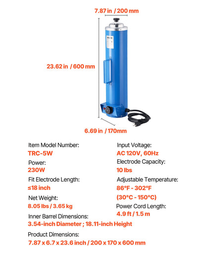 VEVOR Portable Welding Rod Oven, 10LBS Capacity Electrodes Drying Oven 230W 120V, 86℉ to 302℉ Adjustable Welding Rods Dryer for 18-inch Stick Electrodes - with Easy-to-Carry Side Handle - 11BYXLSDHTHGZHKO6001V9 - view 8