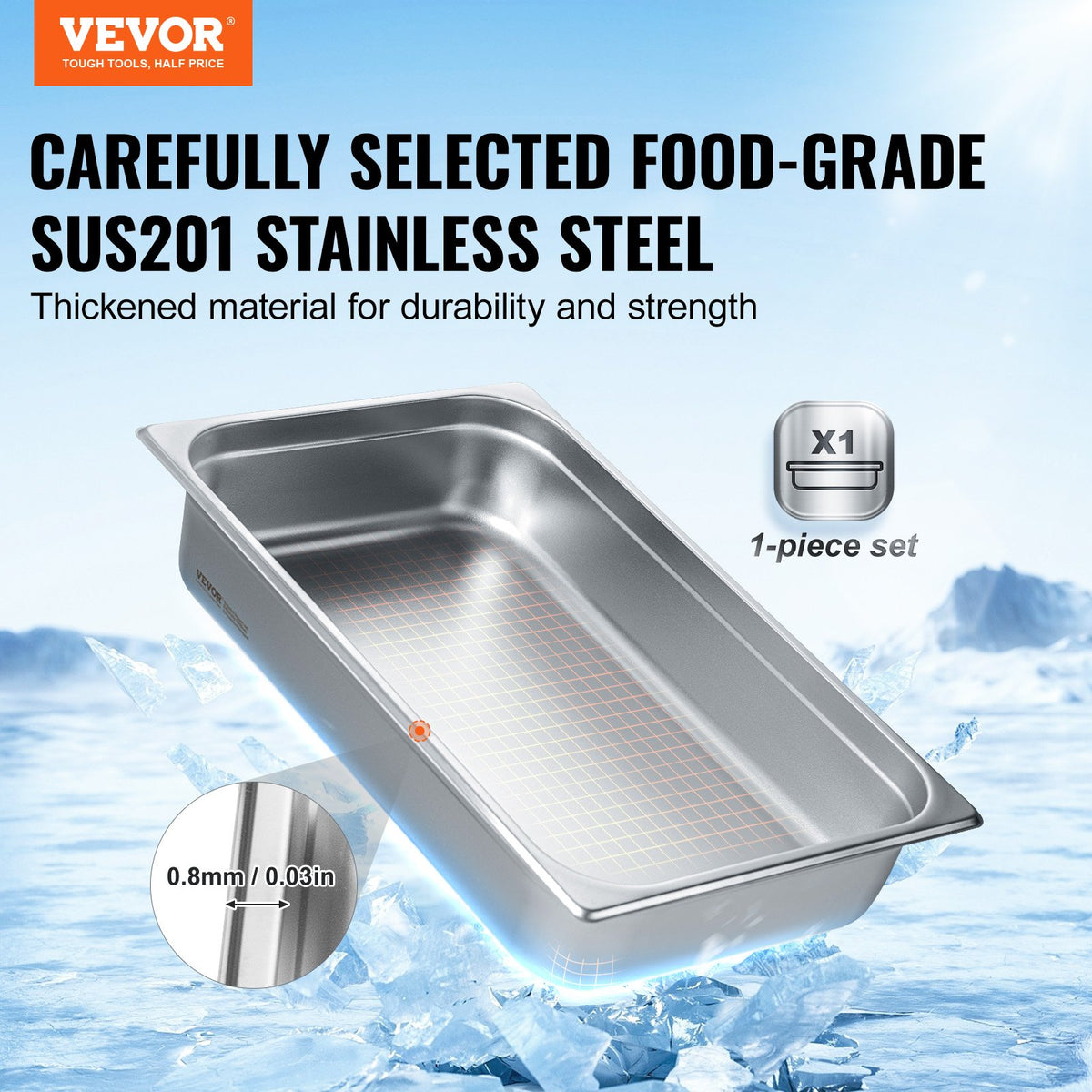VEVOR Hotel Pan, Full Size Anti-Jam Steam Pan, 0.8mm Thick Stainless Steel Restaurant Steam Table Pan, 4-Inch Deep Commercial Table Pan, Catering Storage Food Pan, for Industrial & Scientific - 11QCCPWG4YCSPY8KRV0 - view 3