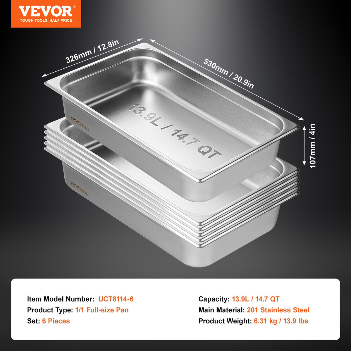 VEVOR 6 Pack Hotel Pans, Full Size Anti-Jam Steam Pan, 0.8mm Thick Stainless Steel Restaurant Steam Table Pan, 4-Inch Deep Commercial Table Pan, Catering Storage Food Pan, for Industrial & Scientific - 11QCCPWG4YCSYANA6V0 - view 8